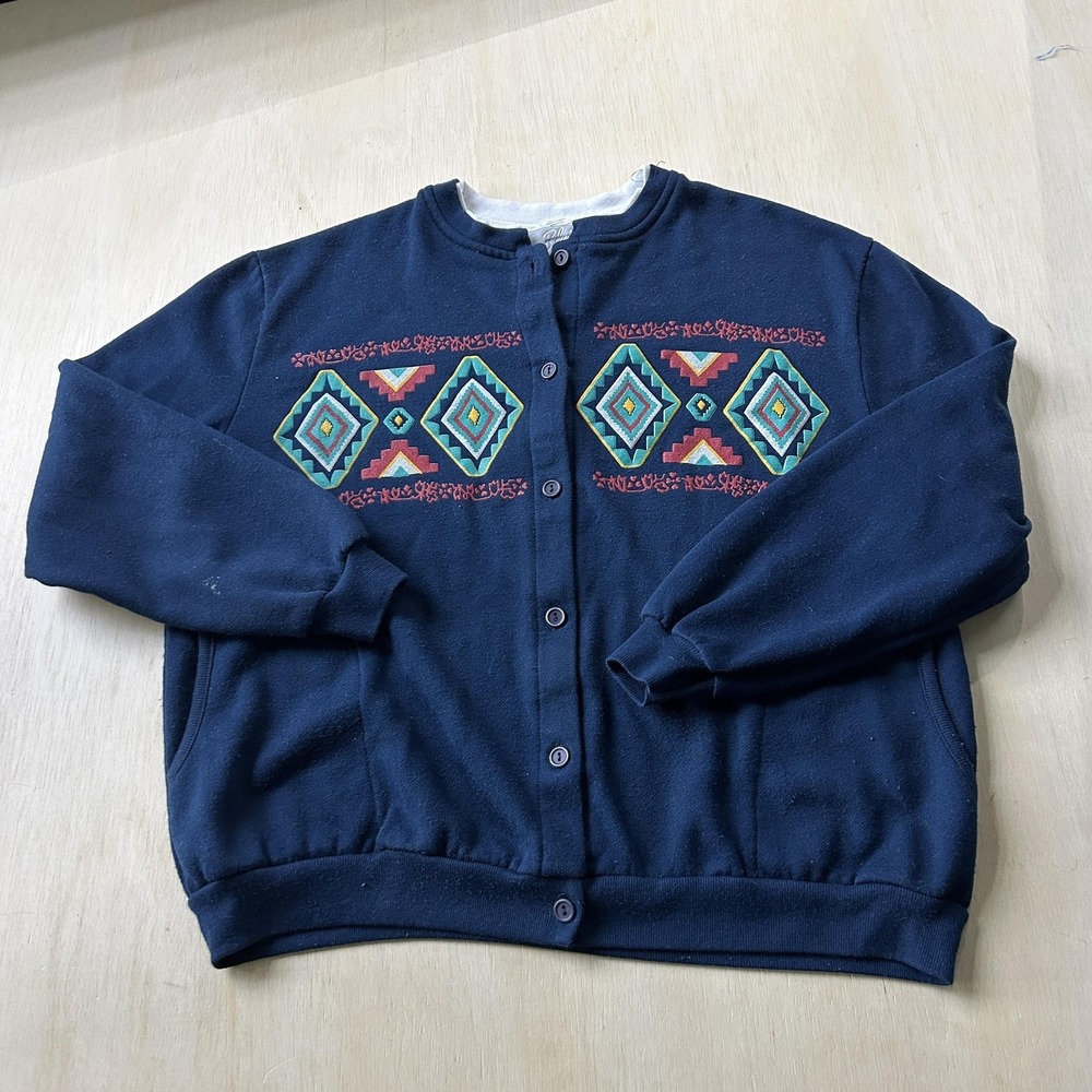 Vintage Blair Sweater Womens Medium Blue Fleece Aztec Embroidered Cardigan